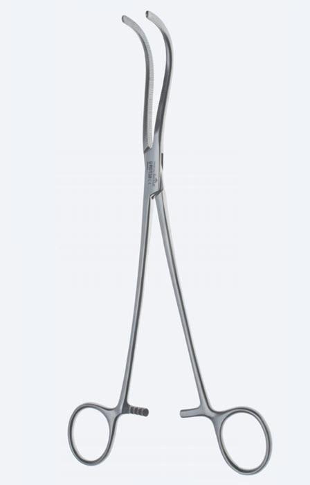 Зажими, хірургічні, "Guyon", для нирки, вигнуті, з кремальєрою, загальна довжина 265 мм, 10 1/2". Бренд - Asanus Medizintechnik Gmb, Німеччина